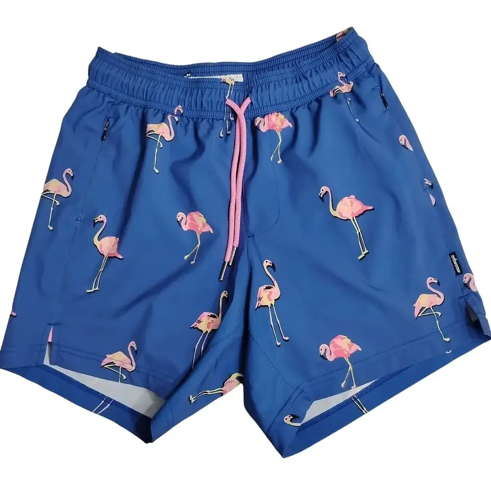 Maamgic Mens XS Swim Trunks Blue Flamingo Elastic Waist Drawstring Zip Pockets